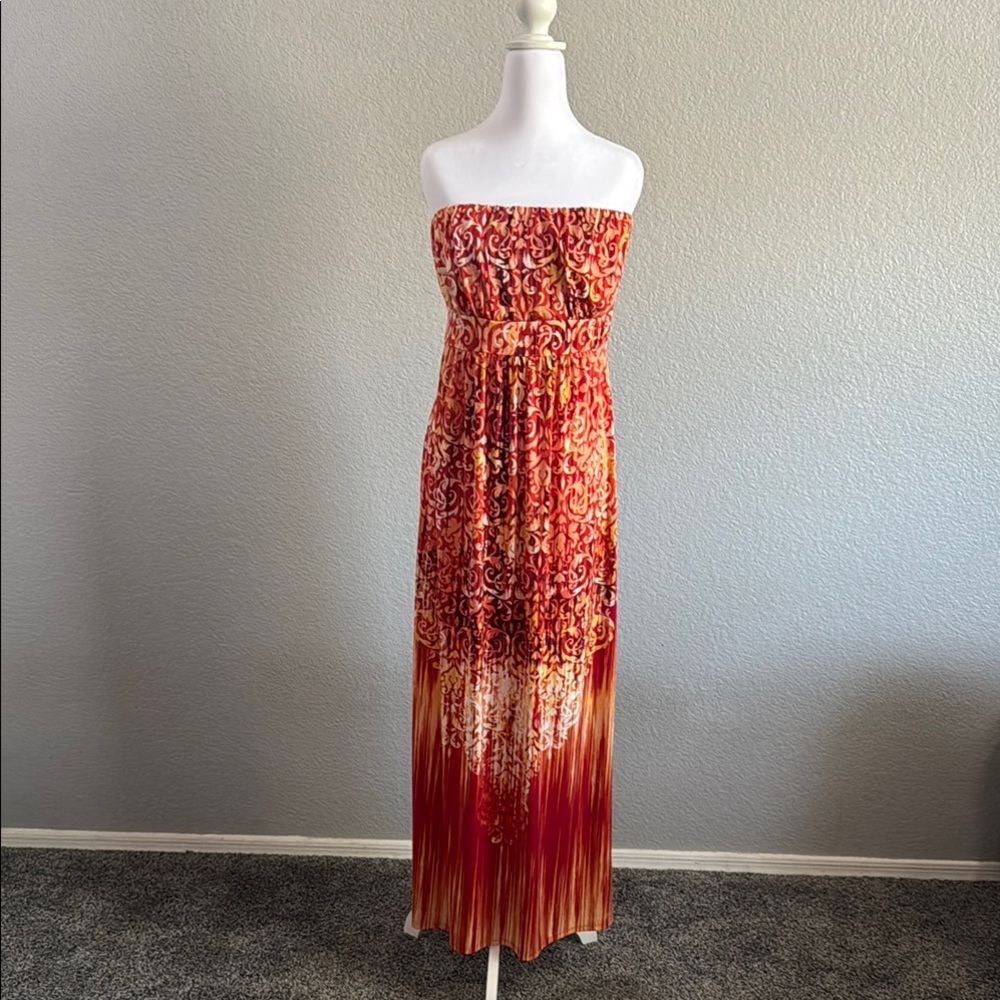 Soma Orange Red Strapless Ruched Maxi Sundress size Large - Picture 2 of 6